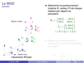 Le MGD
Solution                                                    Déterminer le positionnement
                                                            (matrice R, vecteur P) de chaque
                                                            repères par rapport au
                                                            précedent.

                                                                       cos θj     − sin θj
           Repère mobile                                      Ri,j =
                                      3                                sin θj     cos θj

                               t3 θ3 T 2,3
                                                                               tj . cos θj
                                                                       Ti,j =
                                                                               tj . sin θj
                                     R 2,3                         i ∈ 0, 1, 2, j ∈ 1, 2, 3
                                  2

                        t2 θ T1,2
                            2
                              R1,2                          Mettre ces changements de
                                                            repères sous la forme de matrice
                           1
                                                            homogène
           t1
                 T 0,1 R 0,1
           θ1      Repère base                                             Ri,j    Ti,j
 0                                                               Hi,j =
           mécanisme 3R plan                                               00       1

       D. Daney INRIA                     Cours Robotique                                 200x   103 / 165
 
