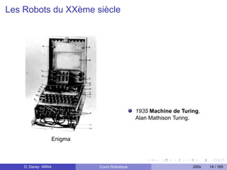 Les Robots du XXème siècle




                                            1935 Machine de Turing,
                                            Alan Mathison Turing.


                 Enigma



    D. Daney INRIA        Cours Robotique                       200x   14 / 165
 