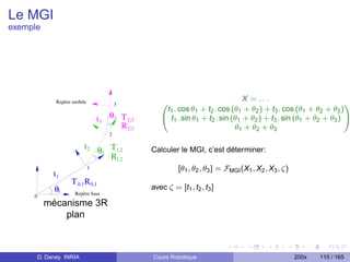 Le MGI
exemple




               Repère mobile                                                     X = ...
                                          3         0                                                              1
                                                     t1 . cos θ1 + t2 . cos (θ1 + θ2 ) + t3 . cos (θ1 + θ2 + θ3 )
                                   t3 θ3 T 2,3      @ t1 . sin θ1 + t2 . sin (θ1 + θ2 ) + t3 . sin (θ1 + θ2 + θ3 ) A
                                         R 2,3                                θ1 + θ2 + θ3
                                      2

                           t2 θ T1,2             Calculer le MGI, c’est déterminer:
                               2
                                 R1,2
                               1                           [θ1 , θ2 , θ3 ] = FMGI (X1 , X2 , X3 , ζ)
              t1
                     T 0,1 R 0,1
              θ1       Repère base
                                                 avec ζ = [t1 , t2 , t3 ]
     0
           mécanisme 3R
               plan



         D. Daney INRIA                          Cours Robotique                                       200x   115 / 165
 