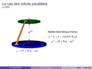 Le cas des robots parallèles
Le MGI




                               R .bi


                               P                 Modèle Géométrique Inverse

                                                 ρi = Li + li = MGI(P, R, ξi )

                                                     ρi 2 = P + R.bi − ai   2


                          ai

                ρ = P + R .bi − ai




         D. Daney INRIA                Cours Robotique                           200x   128 / 165
 