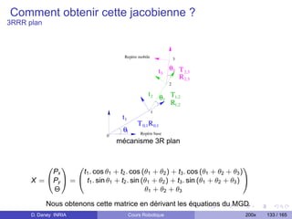 Comment obtenir cette jacobienne ?
3RRR plan



                                      Repère mobile                3

                                                          t3   θ3 T 2,3
                                                                  R 2,3
                                                               2

                                                   t2 θ T1,2
                                                       2
                                                         R1,2
                                                      1
                                     t1
                                              T 0,1 R 0,1
                                      θ1       Repère base
                                0
                                    mécanisme 3R plan


            0 1 0                                                                1
           Px      t1 . cos θ1 + t2 . cos (θ1 + θ2 ) + t3 . cos (θ1 + θ2 + θ3 )
      X = @Py A = @ t1 . sin θ1 + t2 . sin (θ1 + θ2 ) + t3 . sin (θ1 + θ2 + θ3 ) A
           Θ                                θ1 + θ2 + θ3

            Nous obtenons cette matrice en dérivant les équations du MGD.
      D. Daney INRIA                      Cours Robotique                       200x   133 / 165
 