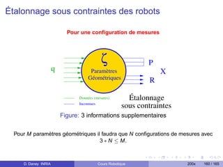 Étalonnage sous contraintes des robots

                            Pour une conﬁguration de mesures




                                            ζ                 P
                      q              Paramètres                    X
                                    Géométriques               R

                                Données (mesures)       Étalonnage
                                Inconnues
                                                      sous contraintes
                          Figure: 3 informations supplementaires

  Pour M paramètres géométriques il faudra que N conﬁgurations de mesures avec
                                   3 ∗ N ≤ M.



     D. Daney INRIA                       Cours Robotique                200x   160 / 165
 
