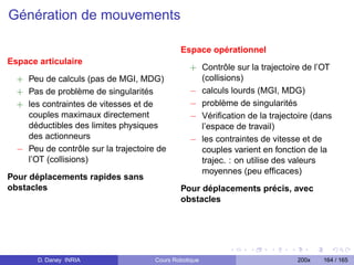 Génération de mouvements

                                              Espace opérationnel
Espace articulaire
                                                 + Contrôle sur la trajectoire de l’OT
  + Peu de calculs (pas de MGI, MDG)               (collisions)
  + Pas de problème de singularités              − calculs lourds (MGI, MDG)
  + les contraintes de vitesses et de            − problème de singularités
    couples maximaux directement                 − Vériﬁcation de la trajectoire (dans
    déductibles des limites physiques              l’espace de travail)
    des actionneurs                              − les contraintes de vitesse et de
  − Peu de contrôle sur la trajectoire de          couples varient en fonction de la
    l’OT (collisions)                              trajec. : on utilise des valeurs
                                                   moyennes (peu efﬁcaces)
Pour déplacements rapides sans
obstacles                                     Pour déplacements précis, avec
                                              obstacles




       D. Daney INRIA                 Cours Robotique                        200x   164 / 165
 