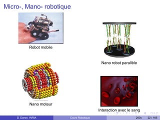 Micro-, Mano- robotique




            Robot mobile


                                              Nano robot parallèle




            Nano moteur
                                             Interaction avec le sang
    D. Daney INRIA         Cours Robotique                        200x   22 / 165
 