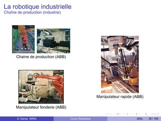 La robotique industrielle
Chaîne de production (industrie)




       Chaine de production (ABB)




                                                      Manipulateur rapide (ABB)

      Manipulateur fonderie (ABB)

       D. Daney INRIA               Cours Robotique                        200x   29 / 165
 