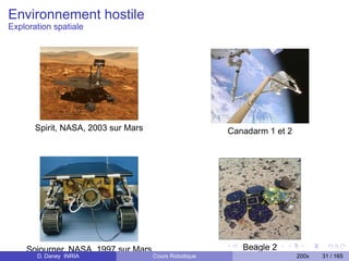 Environnement hostile
Exploration spatiale




       Spirit, NASA, 2003 sur Mars                     Canadarm 1 et 2




    Sojourner, NASA, 1997 sur Mars                        Beagle 2
       D. Daney INRIA                Cours Robotique                     200x   31 / 165
 