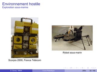 Environnement hostile
Exploration sous-marine




                                                      Robot sous-marin


     Scorpio 2000, France Télécom



       D. Daney INRIA               Cours Robotique                      200x   32 / 165
 