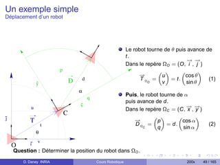 Un exemple simple
Déplacement d’un robot




                                                                   Le robot tourne de θ puis avance de
                                                                   t.
                                                                                             → →
                                                                                             − −
                                                                   Dans le repère ΩO = (O, i , j )
                         p
                                                                        →
                                                                        −
                                                                                „ «        „       «
                                                                                  u         cos θ
                                 D       d                               T ΩO =       = t.           (1)
                y                                                                 v          sin θ
                                     α
                                                                   Puis, le robot tourne de α
                                             q
                                                                   puis avance de d.
                                     x                                                       → →
                                                                                             − −
            u                                                      Dans le repère ΩC = (C, x , y )
                             C
j          T                                                           →
                                                                       −
                                                                               „ «        „       «
                                                                                 p         cos α
                    t                                                  D ΩC =        = d.                (2)
                                                                                 q          sin α
                θ
                v
    O      i
    Question : Déterminer la position du robot dans ΩO .
        D. Daney INRIA                           Cours Robotique                            200x      49 / 165
 