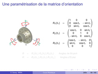 Une paramétrisation de la matrice d’orientation


                                                                       0                       1
                                                                         1      0        0
                                                      Rx (θx )     =   @0 cos θx − sin θx A
                                                                         0 sin θx      cos θx
                                                                       0                       1
                                                                          cos θx   0 sin θx
                                                      Ry (θy )     =   @ 0         1      0 A
                                                                         − sin θx 0 cos θx
                                                                       0                       1
                                                                         cos θz − sin θz 0
                                                      Rz (θz )     =   @ sin θx   cos θx     0A
                                                                           0         0       1


                     R   =   Rx (θx ).Ry (θy ).Rz (θz )     Angles de Bryant
                     R   =   Rz (θz1 ).Rx (θx ).Rz (θz2 )        Angles d’Euler




    D. Daney INRIA                        Cours Robotique                             200x   58 / 165
 