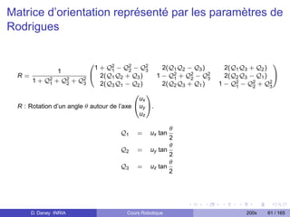 Matrice d’orientation représenté par les paramètres de
Rodrigues


                       1 + Q2 − Q2 − Q2
                      0                                                                      1
                            1     2     3              2(Q1 Q2 − Q3 )       2(Q1 Q3 + Q2 )
             1
  R=                  @ 2(Q1 Q2 + Q3 )               1 − Q2 + Q2 − Q2
                                                          1     2     3     2(Q2 Q3 − Q1 ) A
     1 + Q2 + Q2 + Q2
          1    2    3    2(Q3 Q1 − Q2 )                2(Q2 Q3 + Q1 )     1 − Q2 − Q2 + Q2
                                                                               1     2     3
                                           0    1
                                             ux
  R : Rotation d’un angle θ autour de l’axe @uy A.
                                             uz

                                                        θ
                                      Q1    =    ux tan
                                                        2
                                                        θ
                                      Q2    =    uy tan
                                                        2
                                                        θ
                                      Q3    =    uz tan
                                                        2




      D. Daney INRIA                    Cours Robotique                            200x   61 / 165
 