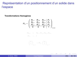 Représentation d’un positionnement d’un solide dans
l’espace

  Transformations Homogènes
                         0                                  1
                                R1,1     R1,2     R1,3   P1
                              B R2,1     R2,2     R2,3   P2 C
                      Hi,j   =B
                              @ R3,1
                                                            C
                                         R3,2     R3,3   P3 A
                                 0        0        0     1    4×4



                             H0,4    =   H0,1 .H1,2 .H2,3 .H3,4
                              Hi,i   =   I

                               „ «             „ «
                                Vi              Vj
                                      = Hi,j .
                                1 4×1           1 4×1




     D. Daney INRIA                  Cours Robotique                200x   66 / 165
 