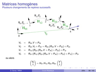 Matrices homogènes
Plusieurs changements de repères successifs


                                    R12,P
                                        12
                                                               3
                R01,P                  H12      2        H23
                    01
                              1                      R23,P           H
                                                               R34,P 34
                                                         23
                        H01                                        34            V
                                                                          4
                                                V0
                0

                 V3     =     R34 .V + P34
                 V2     =     R23 .V3 + P23 = R23 .(R34 .V + P34 ) + P23
                 V1     =     R12 .(R23 .(R34 .V + P34 ) + P23 ) + P12
                 V0     =     R01 .(R12 .(R23 .(R34 .V + P34 ) + P23 ) + P12 ) + P01
   ou alors
                               „ «                        „ «
                                V0                         V
                                   = H01 .H12 .H23 .H34 .
                                1                          1

       D. Daney INRIA                        Cours Robotique                           200x   68 / 165
 