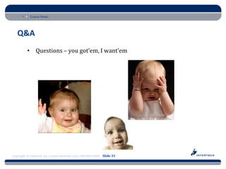 Course Name




   Q&A
          • Questions – you got’em, I want’em




Copyright © Intertech, Inc. • www.Intertech.com • 800-866-9884 Slide 31
 