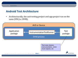 Course Name




   Android Test Architecture
   • Architecturally, the unit testing project and app project run on the
     same JVM (i.e. DVM).




                                                                         Test case classes,
                                                                         instrumentation, JUnit,
                                                                         mock objects, etc.


Copyright © Intertech, Inc. • www.Intertech.com • 800-866-9884 Slide 9
 