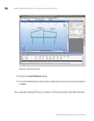 98 Model definition | Definition of loads for predefined load cases
Autodesk Robot Structural Analysis - Getting Started Guide
Figure 27 - SN1 load case view.
Close the18.	 Load Definition dialog.
Go to the Robot layouts selection box (right top screen corner) and switch layout19.	
to Start.
Now, using the existing 2D frame, we define a 3D frame structure with slabs and walls.
 