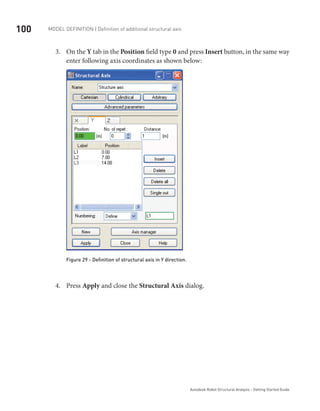 100 Model definition | Definition of additional structural axis
Autodesk Robot Structural Analysis - Getting Started Guide
On the3.	 Y tab in the Position field type 0 and press Insert button, in the same way
enter following axis coordinates as shown below:
Figure 29 - Definition of structural axis in Y direction.
Press4.	 Apply and close the Structural Axis dialog.
 