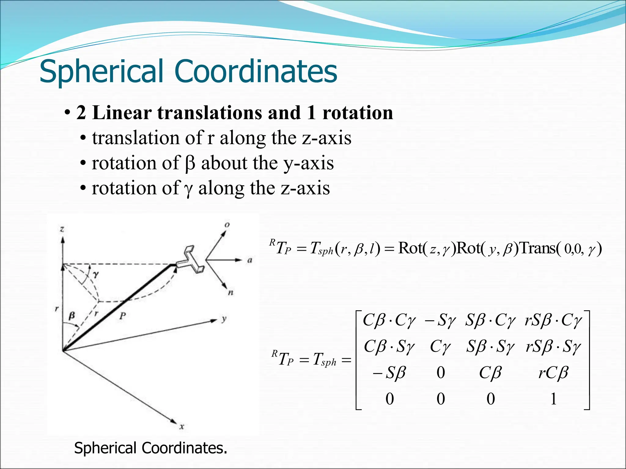 Spherical Coordinates
• 2 Linear translations and 1 rotation
• translation of r along the z-axis
• rotation of  about the y-axis
• rotation of  along the z-axis
Spherical Coordinates.






















1
0
0
0
0 
















rC
C
S
S
rS
S
S
C
S
C
C
rS
C
S
S
C
C
T
T sph
P
R
)
)Trans(
)Rot(
Rot(
)
( 0,0,
,
,
,
, 


 y
z
l
r
sph
P
R
T
T 

 