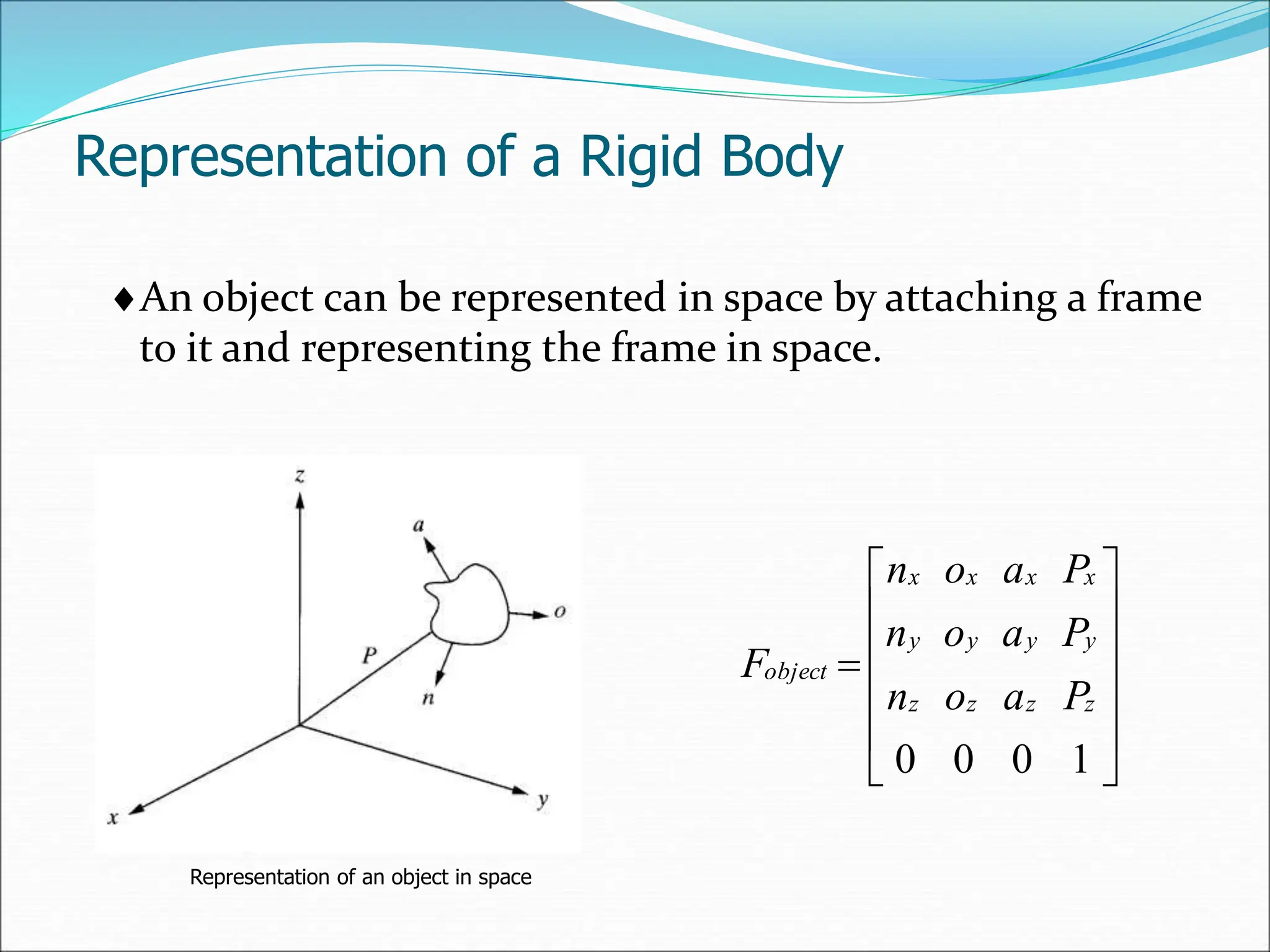 Representation of an object in space
An object can be represented in space by attaching a frame
to it and representing the frame in space.













1
0
0
0
z
z
z
z
y
y
y
y
x
x
x
x
object
P
a
o
n
P
a
o
n
P
a
o
n
F
Representation of a Rigid Body
 