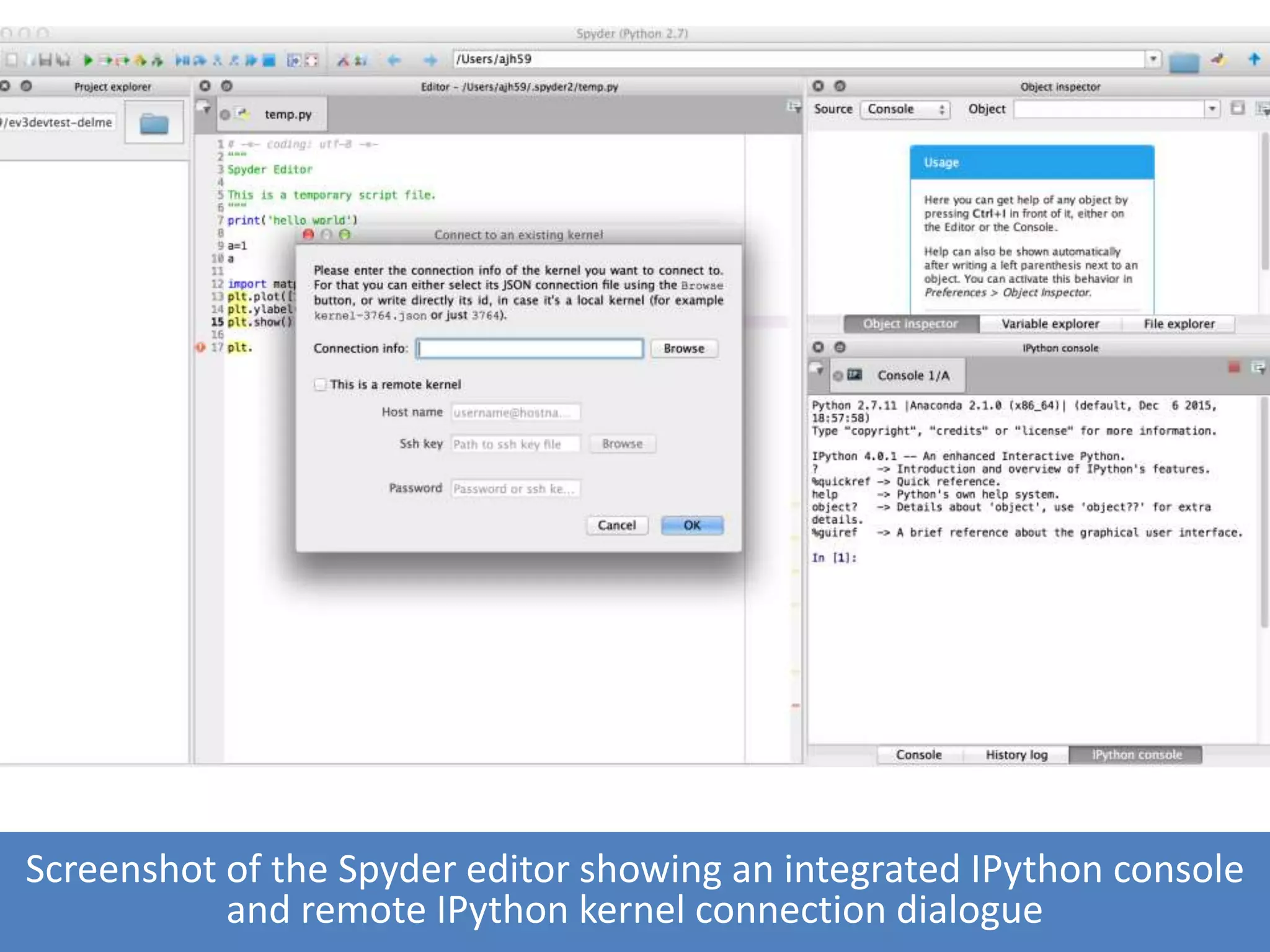 Screenshot of the Spyder editor showing an integrated IPython console
and remote IPython kernel connection dialogue
 