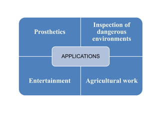 Prosthetics
Inspection of
dangerous
environments
Entertainment Agricultural work
APPLICATIONS
 