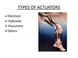 TYPES OF ACTUATORS
Electrical
 Hydraulic
 Pneumatic
Others
 