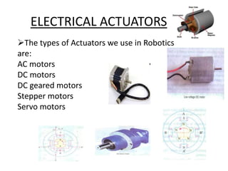 ELECTRICAL ACTUATORS
The types of Actuators we use in Robotics
are:
AC motors
DC motors
DC geared motors
Stepper motors
Servo motors
 