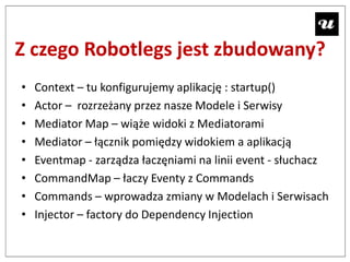 Z czego Robotlegs jest zbudowany?
•   Context – tu konfigurujemy aplikację : startup()
•   Actor – rozrzeżany przez nasze Modele i Serwisy
•   Mediator Map – wiąże widoki z Mediatorami
•   Mediator – łącznik pomiędzy widokiem a aplikacją
•   Eventmap - zarządza łaczęniami na linii event - słuchacz
•   CommandMap – łaczy Eventy z Commands
•   Commands – wprowadza zmiany w Modelach i Serwisach
•   Injector – factory do Dependency Injection
 