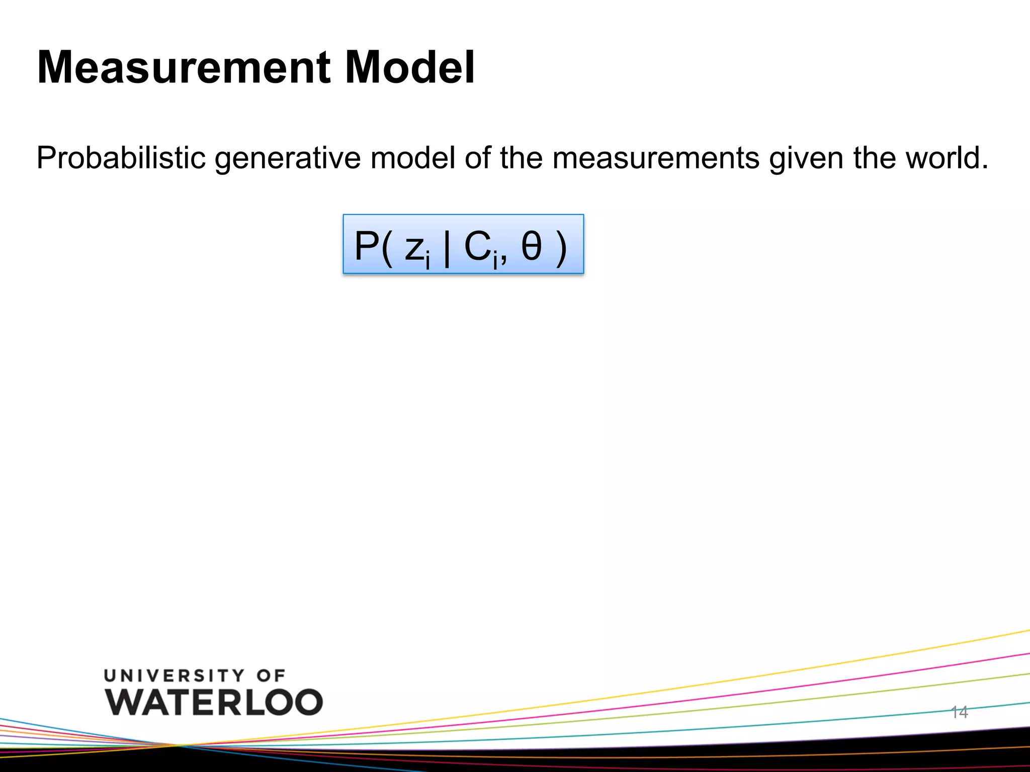 Measurement Model
Probabilistic generative model of the measurements given the world.

P( zi | Ci, θ )

14

 