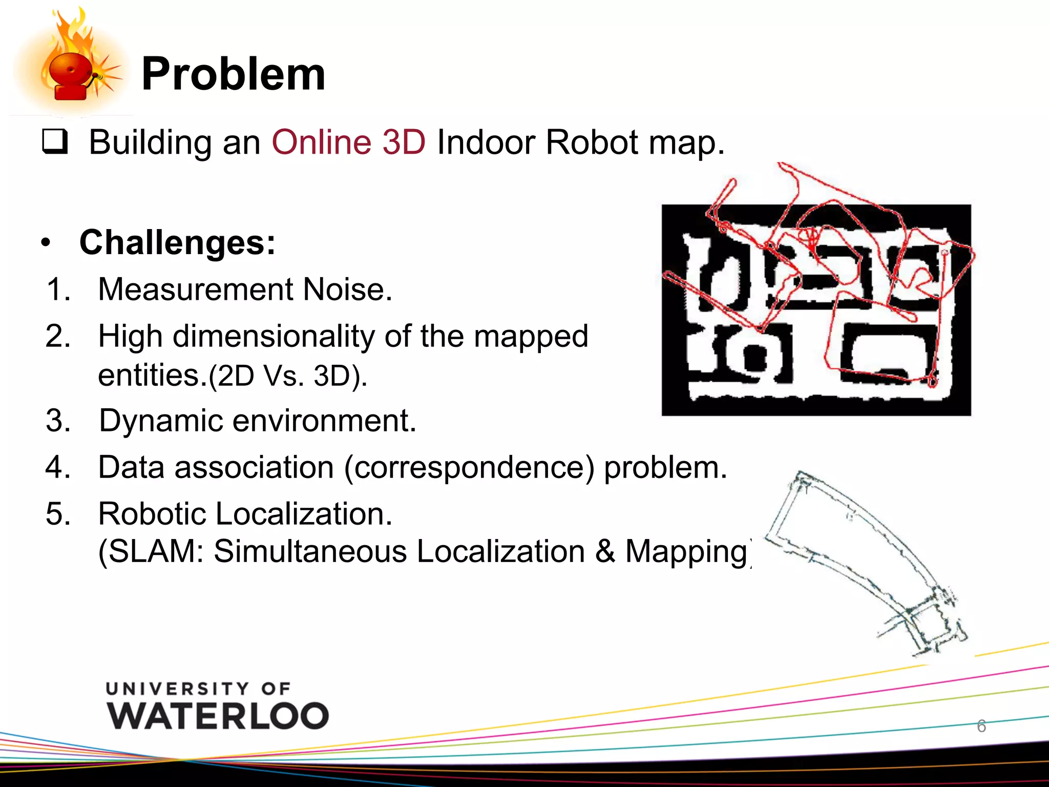 Problem
q  Building an Online 3D Indoor Robot map.
•  Challenges:
1.  Measurement Noise.
2.  High dimensionality of the mapped
entities.(2D Vs. 3D).
3. Dynamic environment.
4.  Data association (correspondence) problem.
5.  Robotic Localization.
(SLAM: Simultaneous Localization & Mapping)

6

 