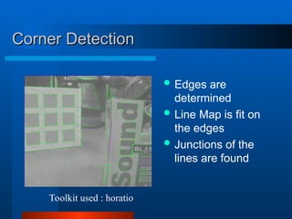 Corner Detection
Corner Detection
Toolkit used : horatio
 Edges are
determined
 Line Map is fit on
the edges
 Junctions of the
lines are found
 
