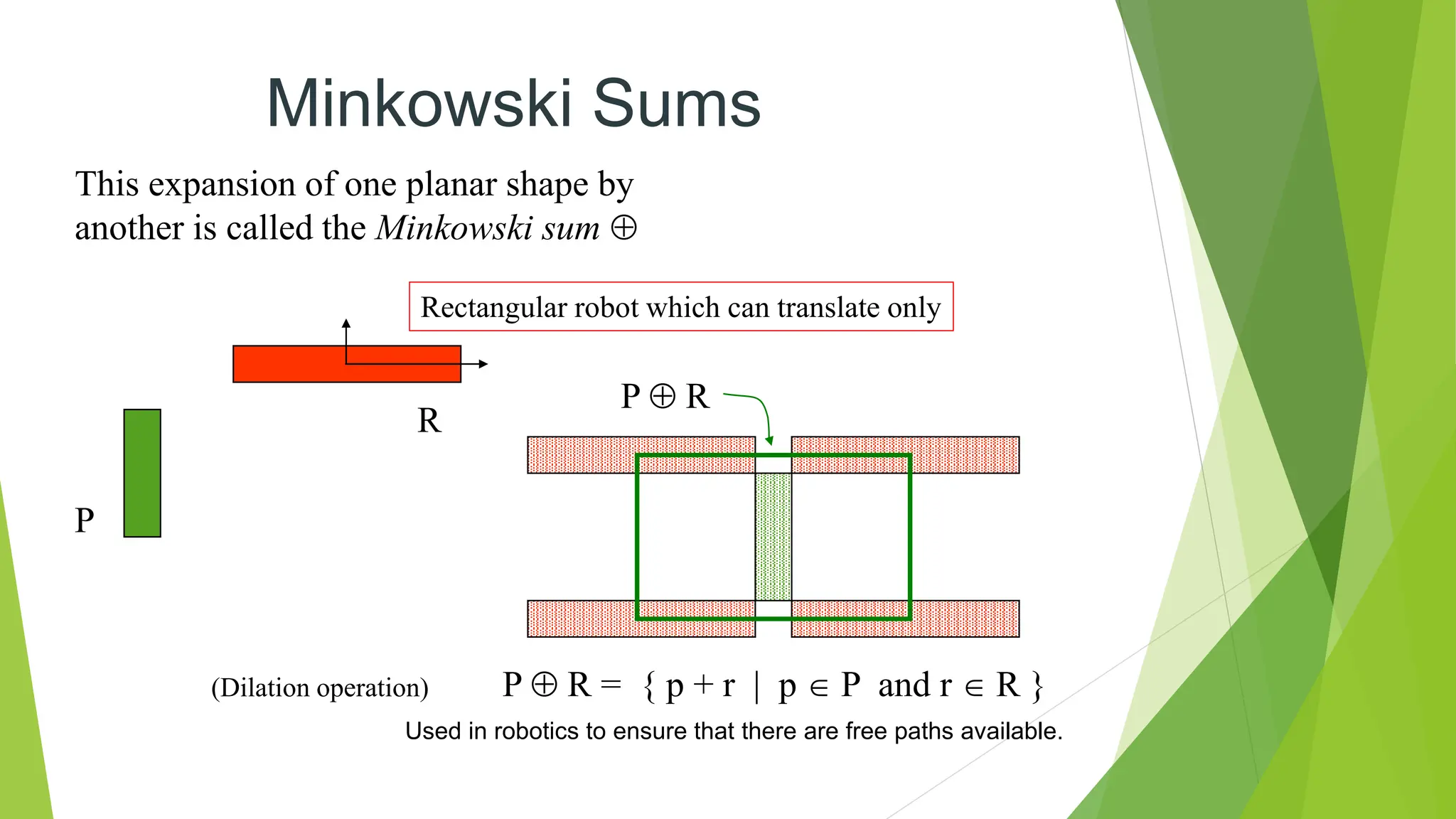 This expansion of one planar shape by
another is called the Minkowski sum 
P
R
P  R
Used in robotics to ensure that there are free paths available.
P  R = { p + r | p  P and r  R }
Rectangular robot which can translate only
(Dilation operation)
Minkowski Sums
 