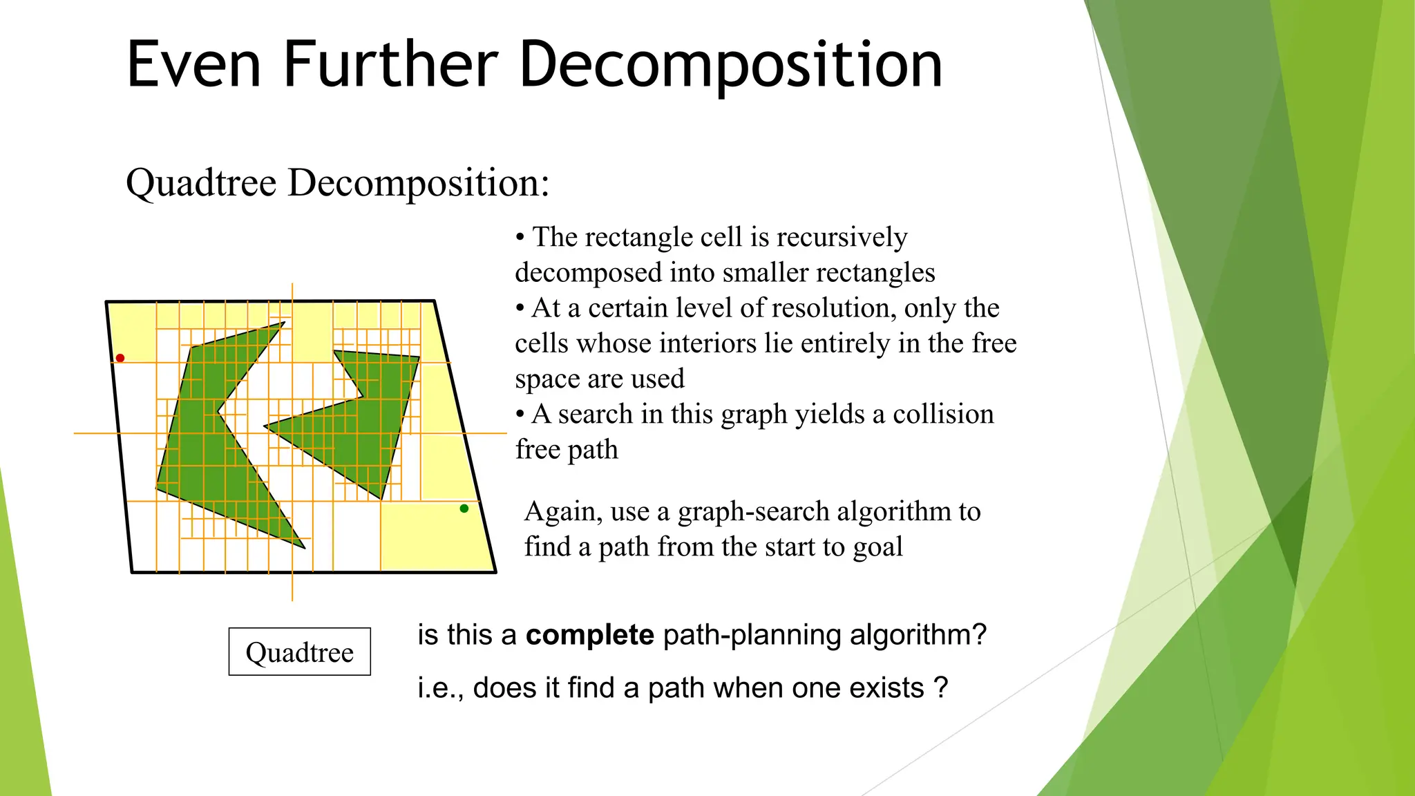Even Further Decomposition
Again, use a graph-search algorithm to
find a path from the start to goal
Quadtree
is this a complete path-planning algorithm?
i.e., does it find a path when one exists ?
Quadtree Decomposition:
• The rectangle cell is recursively
decomposed into smaller rectangles
• At a certain level of resolution, only the
cells whose interiors lie entirely in the free
space are used
• A search in this graph yields a collision
free path
 