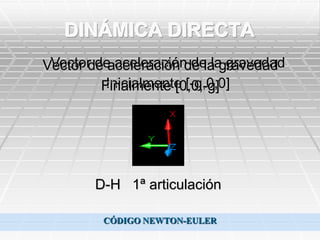DINÁMICA DIRECTA
 Vector de aceleración de la gravedad
Vector de aceleración de la gravedad
          Inicialmente [-g,0,0]
         Finalmente [0,0,-g]




        D-H 1ª articulación

         CÓDIGO NEWTON-EULER
 