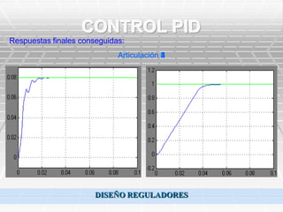 CONTROL PID
Respuestas finales conseguidas:
                             Articulación 1
                                          5
                                          4
                                          3
                                          2




                       DISEÑO REGULADORES
 