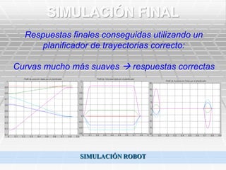 SIMULACIÓN FINAL
  Respuestas finales conseguidas utilizando un
      planificador de trayectorias correcto:

Curvas mucho más suaves  respuestas correctas




               SIMULACIÓN ROBOT
 