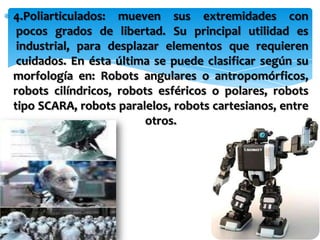 4.Poliarticulados: mueven sus extremidades con
 pocos grados de libertad. Su principal utilidad es
 industrial, para desplazar elementos que requieren
 cuidados. En ésta última se puede clasificar según su
morfología en: Robots angulares o antropomórficos,
robots cilíndricos, robots esféricos o polares, robots
tipo SCARA, robots paralelos, robots cartesianos, entre
                         otros.
 
