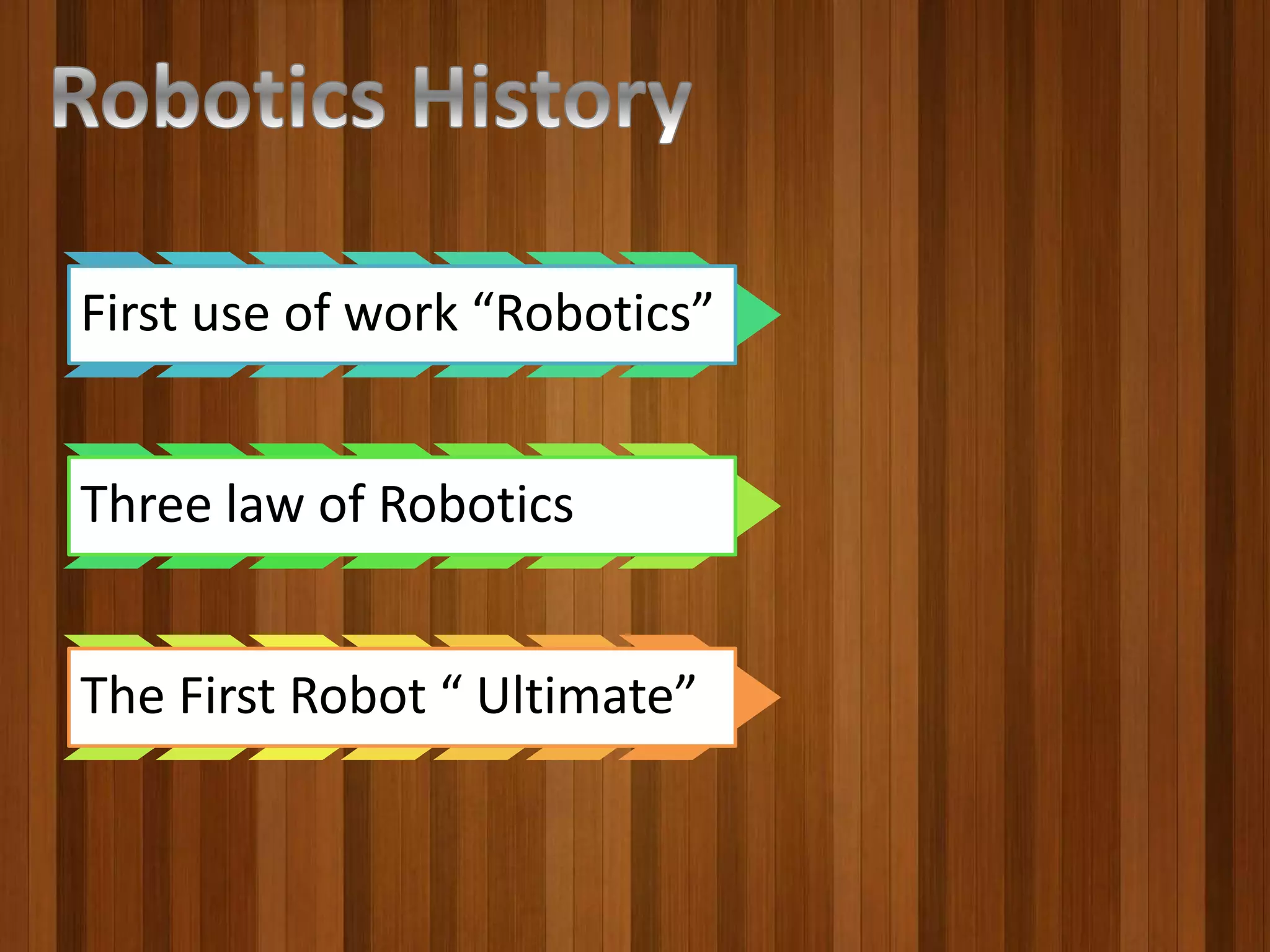 First use of work “Robotics”
Three law of Robotics
The First Robot “ Ultimate”
 