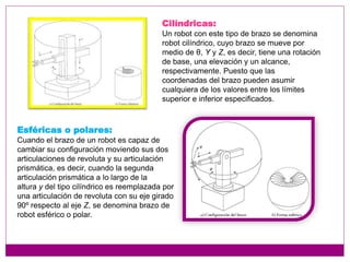 Cilíndricas:
Un robot con este tipo de brazo se denomina
robot cilíndrico, cuyo brazo se mueve por
medio de θ, Y y Z, es decir, tiene una rotación
de base, una elevación y un alcance,
respectivamente. Puesto que las
coordenadas del brazo pueden asumir
cualquiera de los valores entre los límites
superior e inferior especificados.
Esféricas o polares:
Cuando el brazo de un robot es capaz de
cambiar su configuración moviendo sus dos
articulaciones de revoluta y su articulación
prismática, es decir, cuando la segunda
articulación prismática a lo largo de la
altura y del tipo cilíndrico es reemplazada por
una articulación de revoluta con su eje girado
90º respecto al eje Z, se denomina brazo de
robot esférico o polar.
 