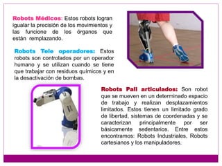 Robots Médicos: Estos robots logran
igualar la precisión de los movimientos y
las funcione de los órganos que
están remplazando.
Robots Tele operadores: Estos
robots son controlados por un operador
humano y se utilizan cuando se tiene
que trabajar con residuos químicos y en
la desactivación de bombas.
Robots Pali articulados: Son robot
que se mueven en un determinado espacio
de trabajo y realizan desplazamientos
limitados. Estos tienen un limitado grado
de libertad, sistemas de coordenadas y se
caracterizan principalmente por ser
básicamente sedentarios. Entre estos
encontramos: Robots Industriales, Robots
cartesianos y los manipuladores.
 