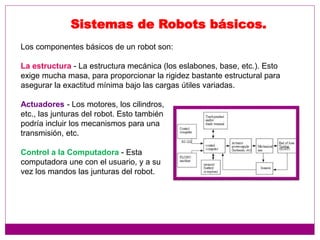 Los componentes básicos de un robot son:
La estructura - La estructura mecánica (los eslabones, base, etc.). Esto
exige mucha masa, para proporcionar la rigidez bastante estructural para
asegurar la exactitud mínima bajo las cargas útiles variadas.
Sistemas de Robots básicos.
Actuadores - Los motores, los cilindros,
etc., las junturas del robot. Esto también
podría incluir los mecanismos para una
transmisión, etc.
Control a la Computadora - Esta
computadora une con el usuario, y a su
vez los mandos las junturas del robot.
 