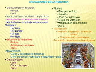 APLICACIONES DE LA ROBOTICA
• Manipulación en fundición
•Moldes
•Otros
• Manipulación en moldeado de plásticos
• Manipulación en tratamientos térmicos
• Manipulación en la forja y estampación
Soldadura
•Por arco
•Por puntos
•Por gas
•Por láser
•Aplicación de materiales
•Pintura
•Adhesivos y secantes
•Otros
•Mecanización
•Carga y descarga de máquinas
•Corte mecánico, rectificado, desbardado y pulido
• Otros procesos
•Láser
•Chorro de agua
•Otros
• Montaje
•Montaje mecánico
•Inserción
•Unión por adhesivos
• Unión por soldadura
•Manipulación para montaje
•Otros
• Paletización
• Medición, inspección, control de
calidad
• Manipulación de materiales
• Formación, enseñanza e investigación
 