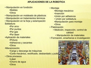 APLICACIONES DE LA ROBOTICA
• Manipulación en fundición
•Moldes
•Otros
• Manipulación en moldeado de plásticos
• Manipulación en tratamientos térmicos
• Manipulación en la forja y estampación
Soldadura
•Por arco
•Por puntos
•Por gas
•Por láser
•Aplicación de materiales
•Pintura
•Adhesivos y secantes
•Otros
•Mecanización
•Carga y descarga de máquinas
•Corte mecánico, rectificado, desbardado y pulido
• Otros procesos
•Láser
•Chorro de agua
•Otros
• Montaje
•Montaje mecánico
•Inserción
•Unión por adhesivos
• Unión por soldadura
•Manipulación para montaje
•Otros
• Paletización
• Medición, inspección, control de
calidad
• Manipulación de materiales
• Formación, enseñanza e investigación
 