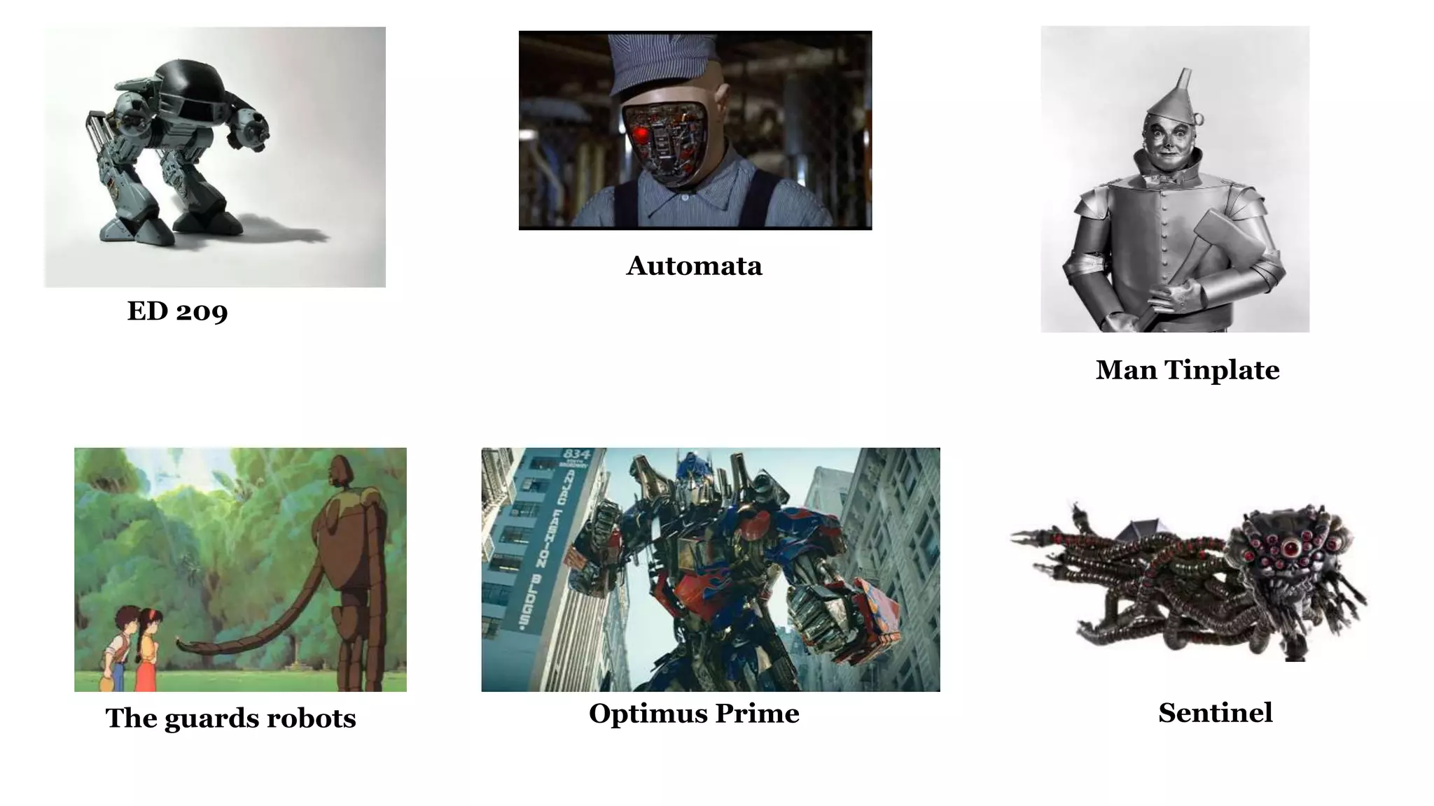 ED 209
Man Tinplate
Automata
The guards robots SentinelOptimus Prime
 