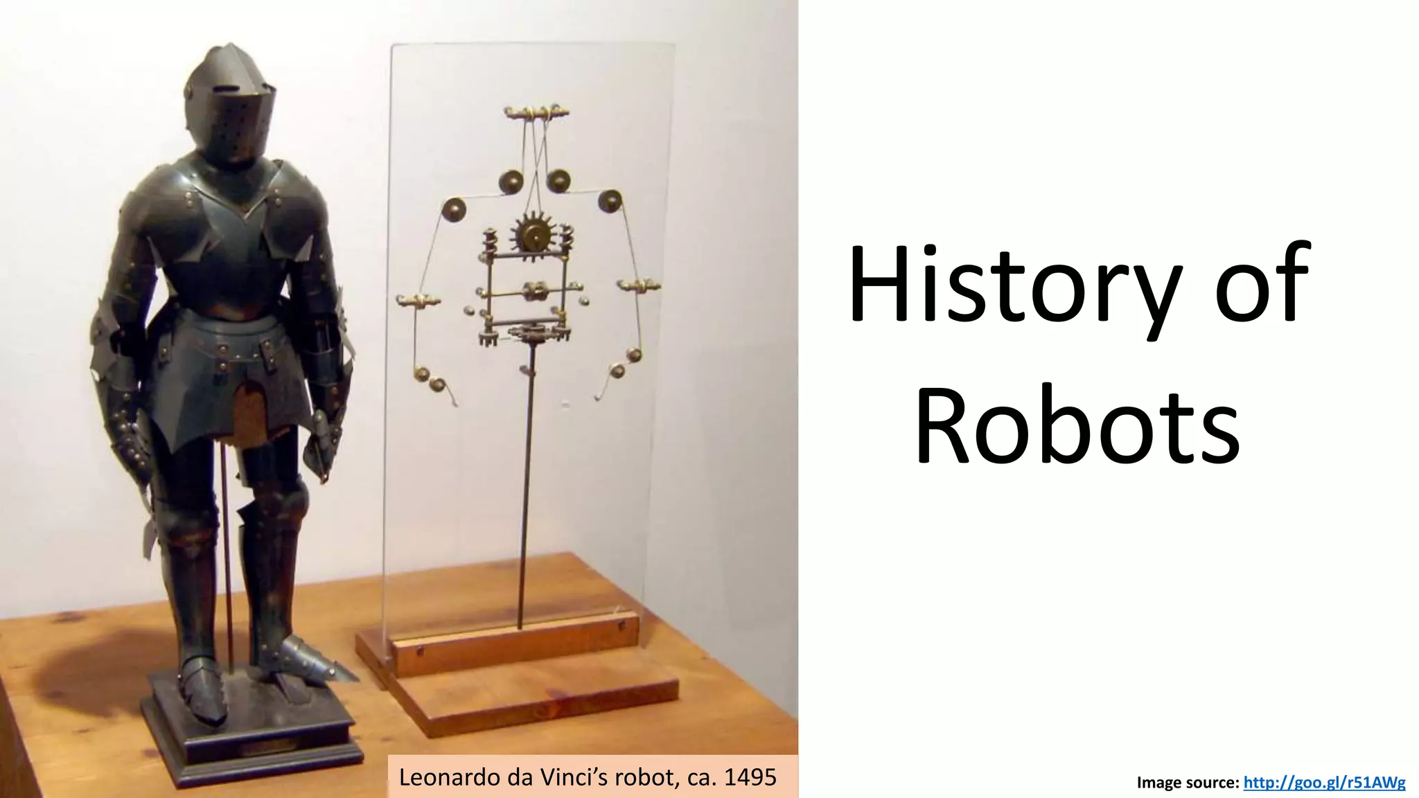 Image source: http://goo.gl/r51AWgLeonardo da Vinci’s robot, ca. 1495
History of
Robots
 