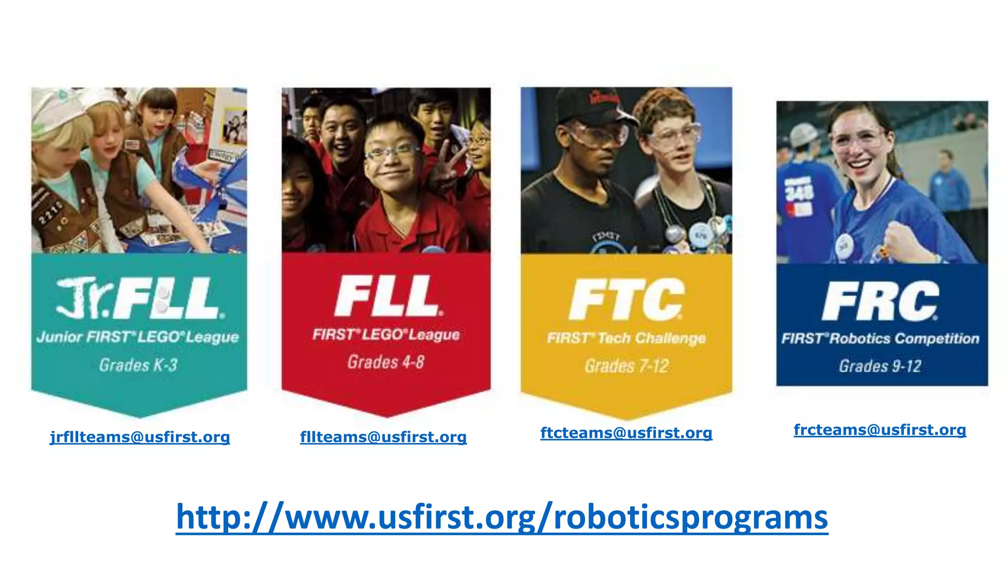 http://www.usfirst.org/roboticsprograms
jrfllteams@usfirst.org fllteams@usfirst.org ftcteams@usfirst.org frcteams@usfirst.org
 