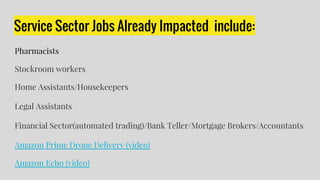 Service Sector Jobs Already Impacted include:
Pharmacists
Stockroom workers
Home Assistants/Housekeepers
Legal Assistants
Financial Sector(automated trading)/Bank Teller/Mortgage Brokers/Accountants
Amazon Prime Drone Delivery (video)
Amazon Echo (video)
 