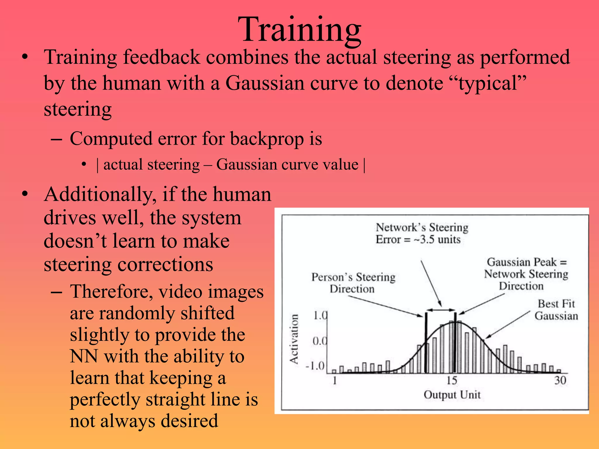 Training
• Training feedback combines the actual steering as performed
by the human with a Gaussian curve to denote “typical”
steering
– Computed error for backprop is
• | actual steering – Gaussian curve value |
• Additionally, if the human
drives well, the system
doesn’t learn to make
steering corrections
– Therefore, video images
are randomly shifted
slightly to provide the
NN with the ability to
learn that keeping a
perfectly straight line is
not always desired
 