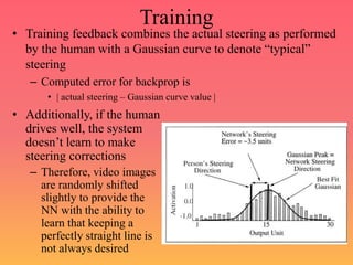 Training
• Training feedback combines the actual steering as performed
by the human with a Gaussian curve to denote “typical”
steering
– Computed error for backprop is
• | actual steering – Gaussian curve value |
• Additionally, if the human
drives well, the system
doesn’t learn to make
steering corrections
– Therefore, video images
are randomly shifted
slightly to provide the
NN with the ability to
learn that keeping a
perfectly straight line is
not always desired
 