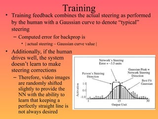 Training
• Training feedback combines the actual steering as performed
by the human with a Gaussian curve to denote “typical”
steering
– Computed error for backprop is
• | actual steering – Gaussian curve value |
• Additionally, if the human
drives well, the system
doesn’t learn to make
steering corrections
– Therefore, video images
are randomly shifted
slightly to provide the
NN with the ability to
learn that keeping a
perfectly straight line is
not always desired
 