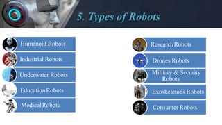 5. Types of Robots
Humanoid Robots
Industrial Robots
ResearchRobots
MedicalRobots
Military & Security
Robots
Underwater Robots
Exoskeletons Robots
EducationRobots
Consumer Robots
Drones Robots
 